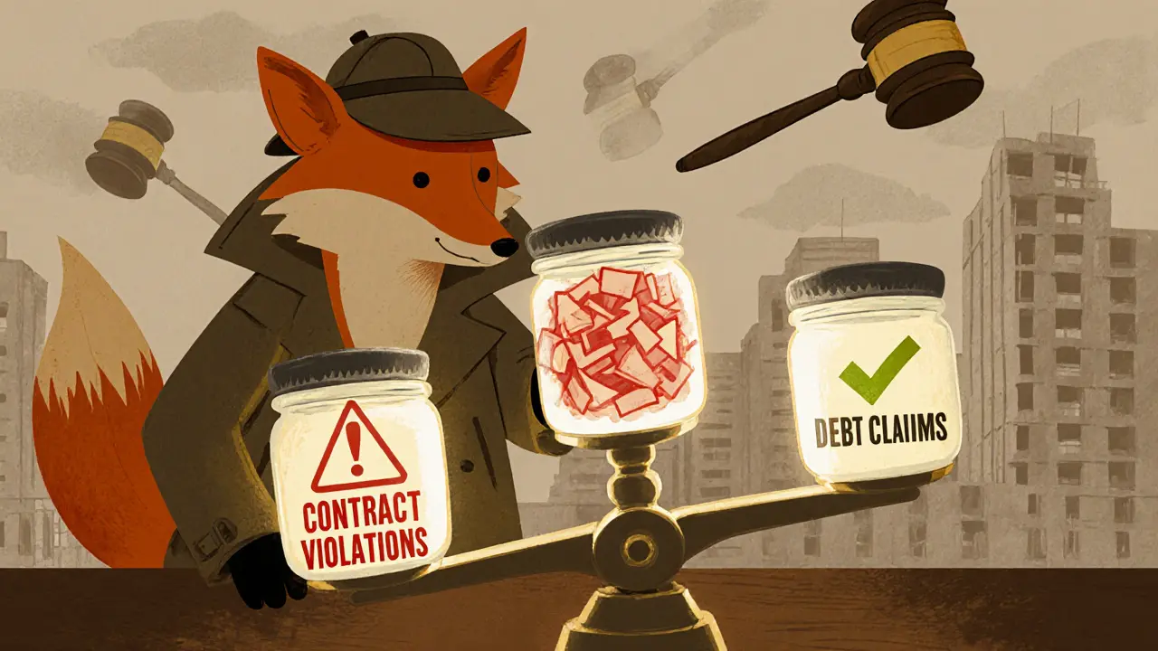 Лиса-детектив проверяет три банки с судебными делами: одна переполнена красными предупреждениями, другие — чистые.