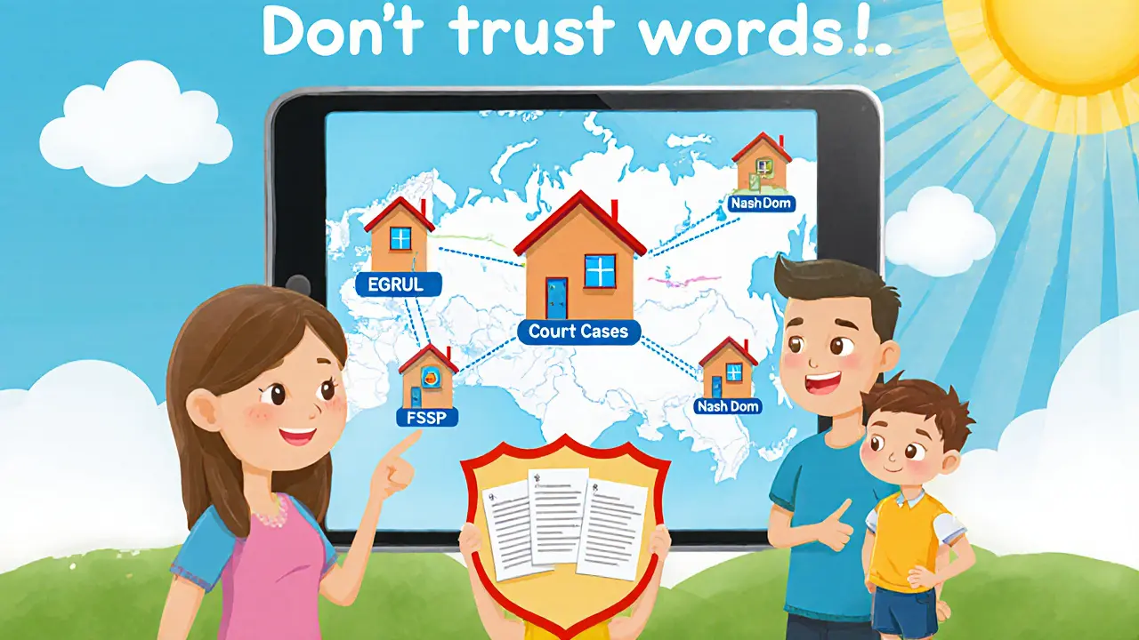 Семья смотрит на планшет с пятью значками проверок застройщика, ребёнок держит щит с надписью &#039;Проверено&#039;.