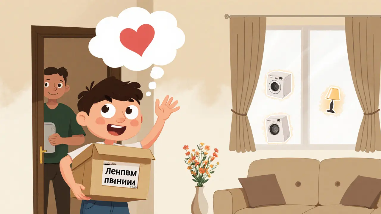 Арендатор улыбается в чистой, уютной квартире, прежний владелец уходит с коробкой.