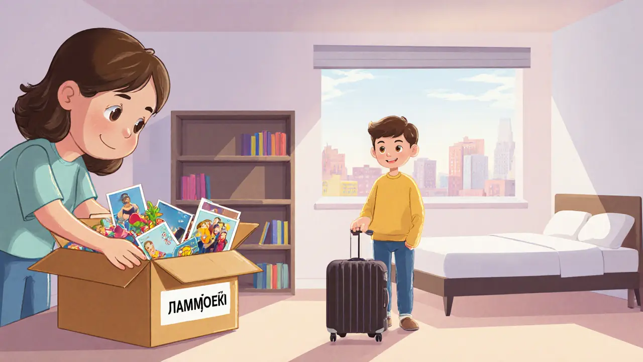 Человек с чемоданом смотрит на чистую комнату, а личные вещи упакованы в коробку.