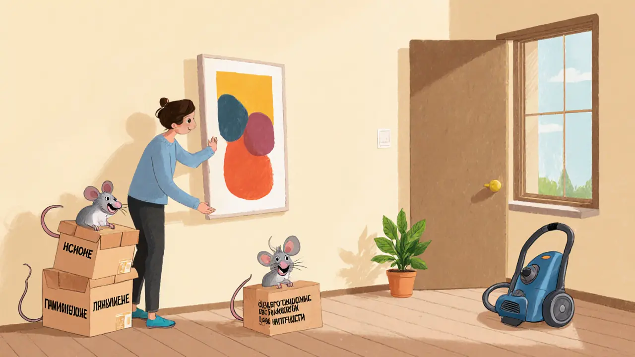 Человек вешает одну абстрактную картину, мыши уносят коробки с сувенирами.