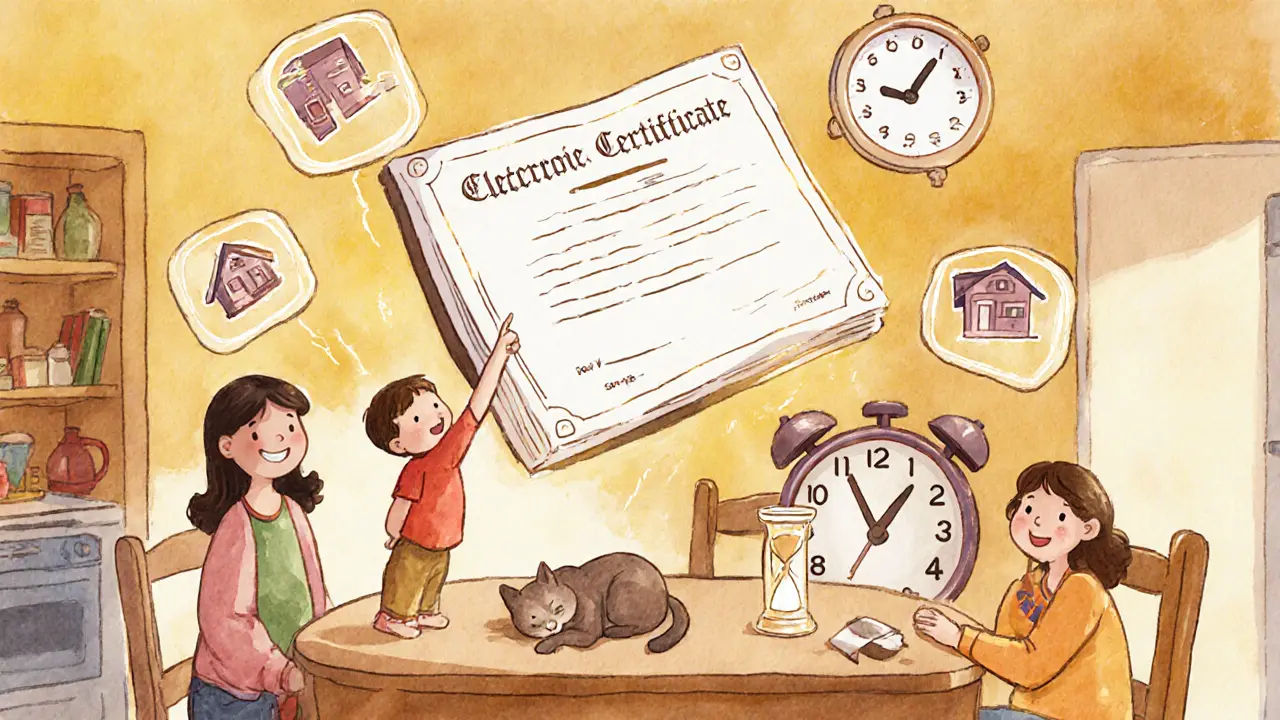 Электронный сертификат парит над кухней, рядом — значки жилья, школы и пенсии, семья радуется, время течет в виде песочных часов.