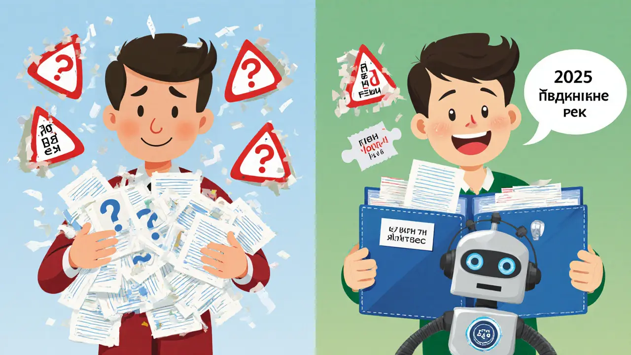 На одной стороне — хаос из беспорядочных бумаг, на другой — идеально упорядоченный чек-лист документов для аренды квартиры.