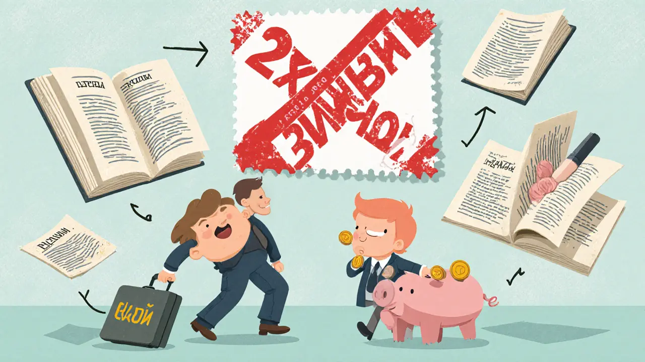 Продавец с двойной печатью на спине, покупатель с копилкой и двумя монетами.