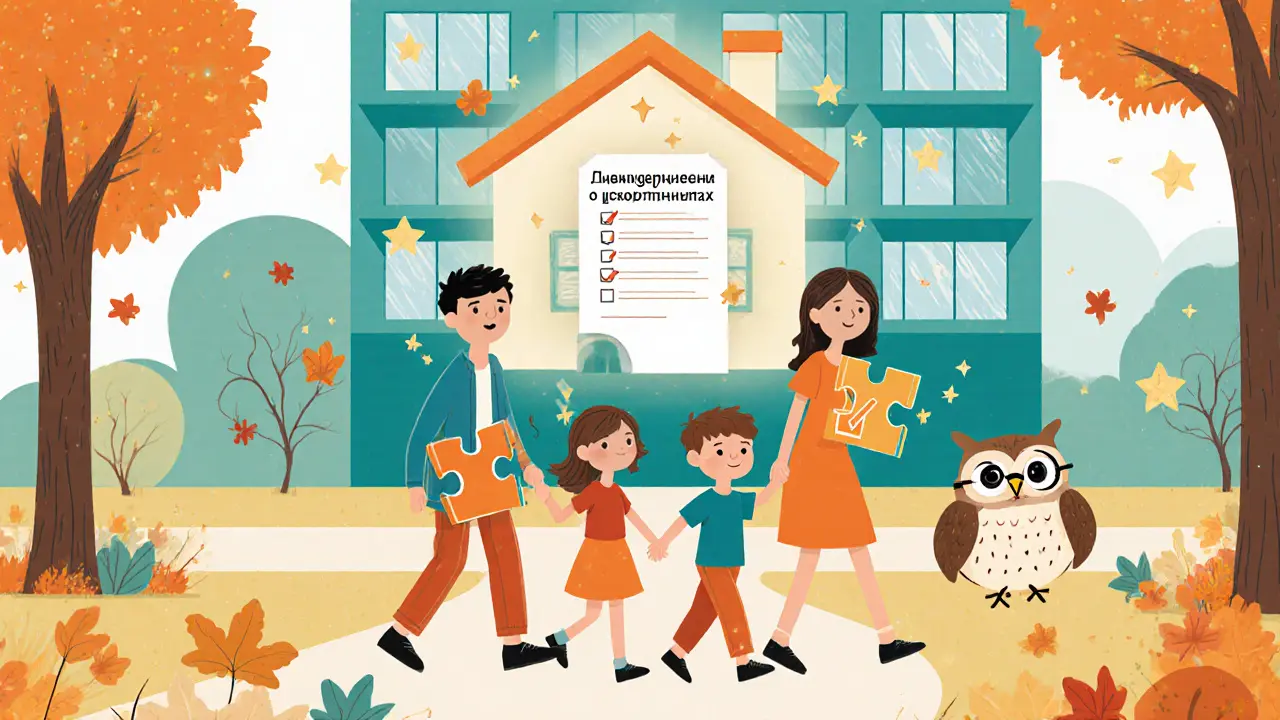 Семья гуляет в парке у нового дома, держа пазл в форме дома, над ними светится документ о пригодности жилья.