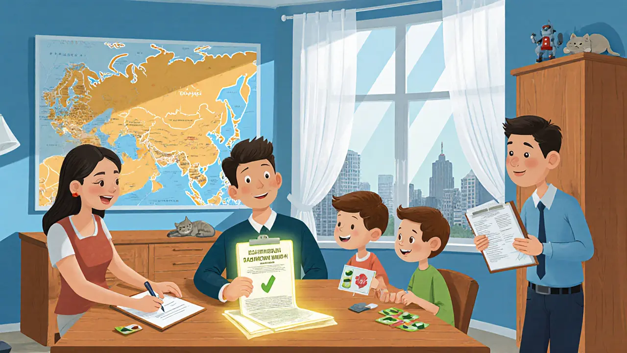 Семья подписывает документы в новой квартире, дети клеят стикеры на карту России, инспектор с зелёной галочкой рядом.