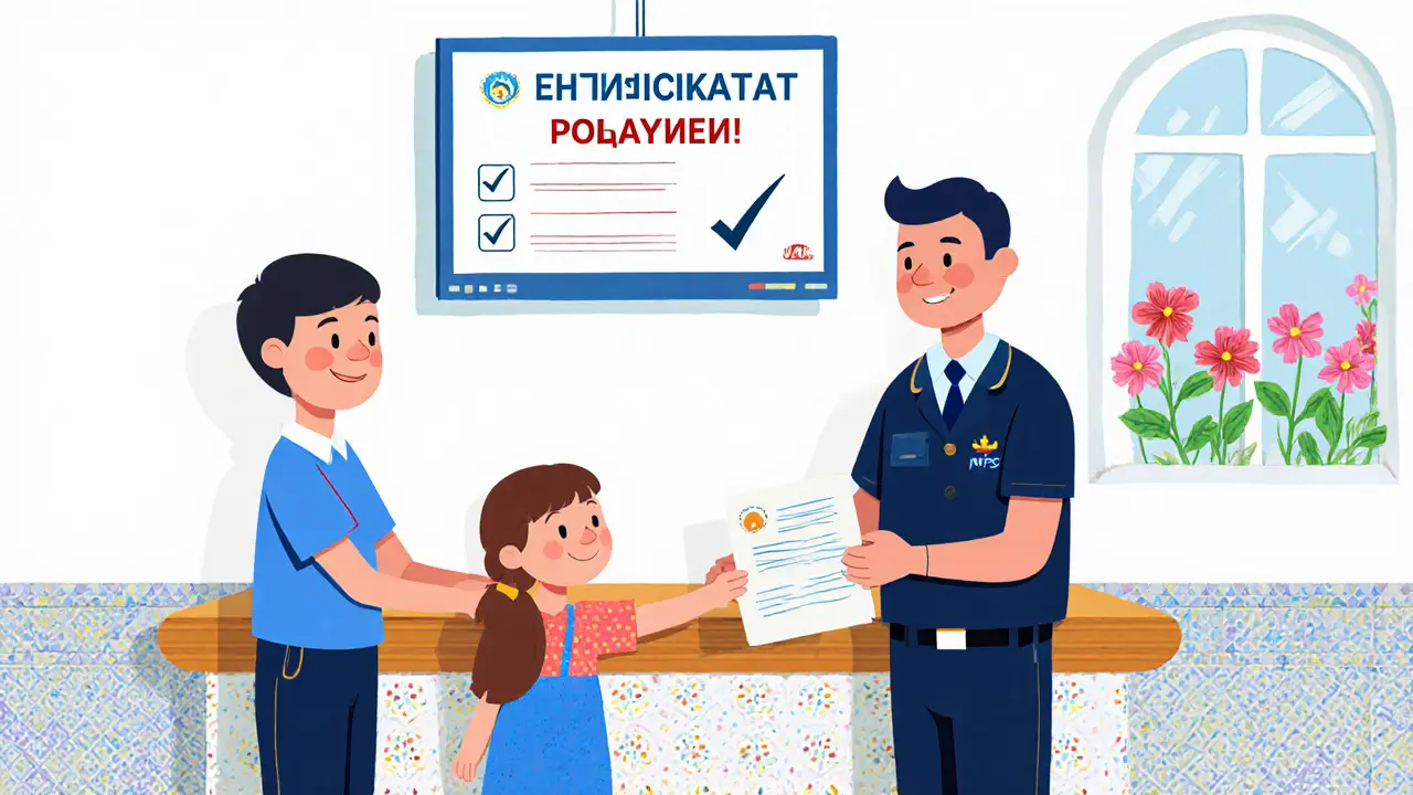 Семья получает сертификат в МФЦ, официант улыбается, дочь тянет папу за руку, на экране — сообщение об успешном оформлении.