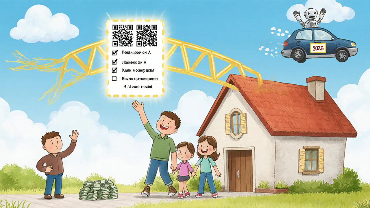 Семья стоит у дома, над ними светится QR-код и надпись &#039;Регистрация завершена!&#039;, наличные уходят вдаль.