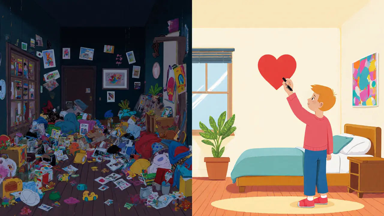 Сравнение: до — хаос, после — спокойствие, ребенок рисует сердце над чистым пространством.