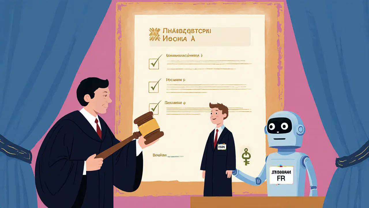 Судья выписывает человека из квартиры с помощью ключа-молотка, рядом светится документ ЕГРН.