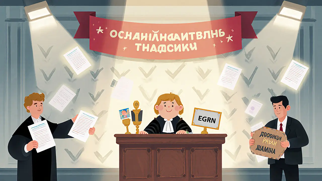 Судебное заседание в сказочном стиле: арендодатель с документами побеждает арендатора, который пытается скрыться за надписью &#039;Я не помню&#039;.