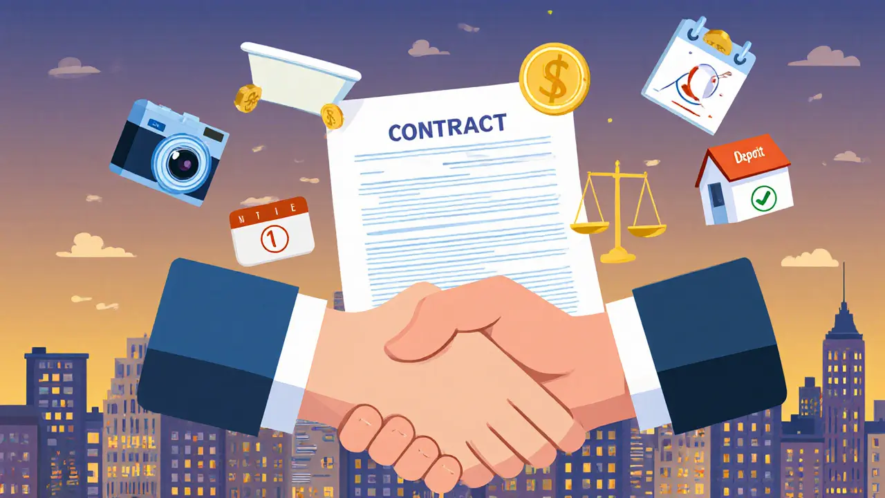 Арендодатель и арендатор заключают договор, вокруг них — фото, залог, календарь и юридические книги.