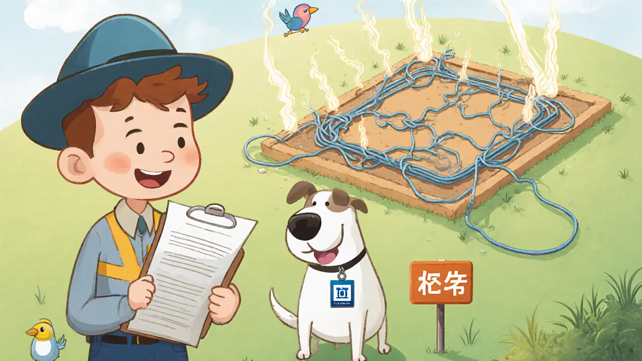 Оценщик с картой стоит рядом с идеальным участком с glowing коммуникациями, а рядом — кривой участок с перепутанными проводами.