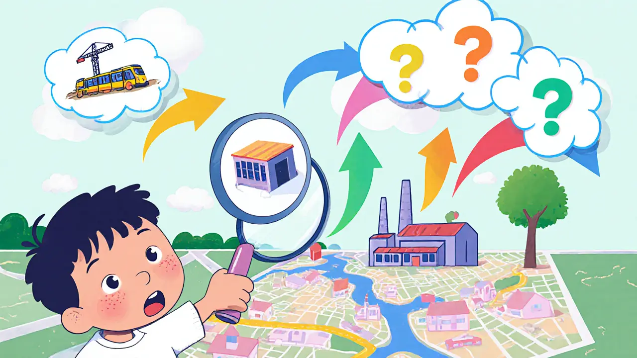 Ребёнок с лупой смотрит на карту, где строятся метро и школа — цены растут, а завод снижает стоимость.
