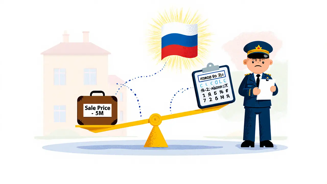 Весы сравнивают цену продажи квартиры и 70% кадастровой стоимости, рядом — налоговый инспектор с блокнотом.