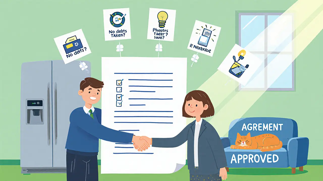 Арендатор и хозяин подписывают договор, вокруг — иллюстрации предметов в квартире и пункты чек-листа в виде воздушных шариков.