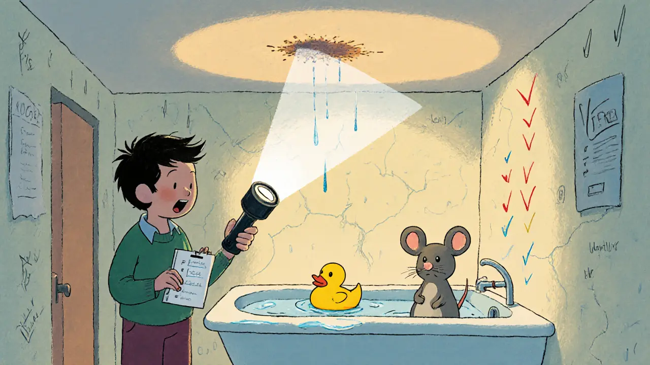 Арендатор с фонариком осматривает потолок с пятном от протечки, мышь записывает повреждения, в ванной — утекающая вода.