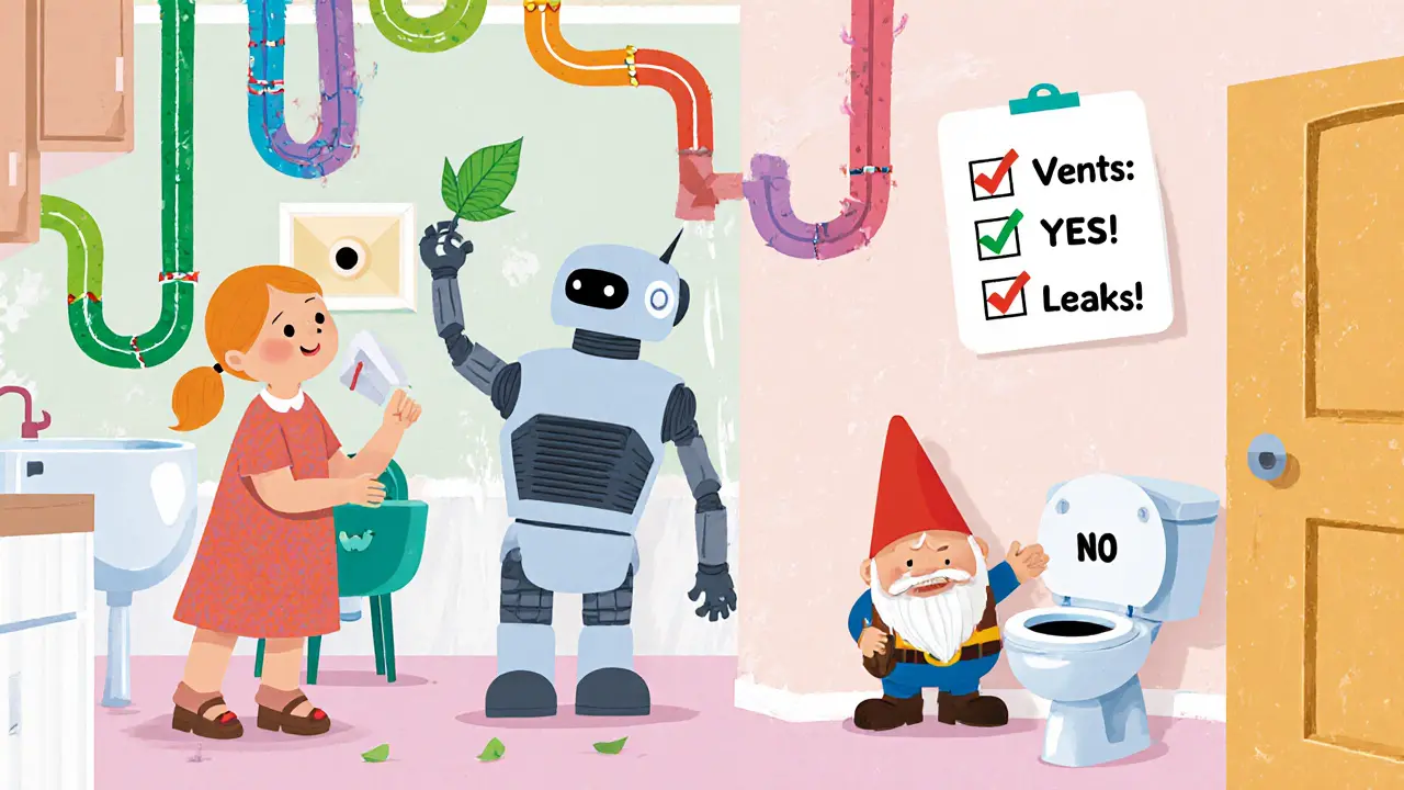 Домовладелец и робот проверяют вентиляцию листом бумаги, под раковиной прячется гном с протечкой.