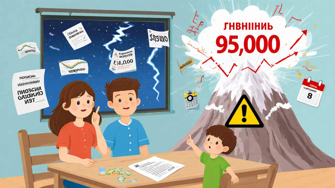 Пара за столом смотрит на график платежей: сначала низкие, потом резкий рост до 95 тыс. руб. с предупреждением.