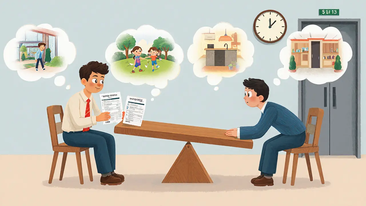 Продавец и покупатель за столом, покупатель слушает, а над ними — мысли о доме, школе и лифте.