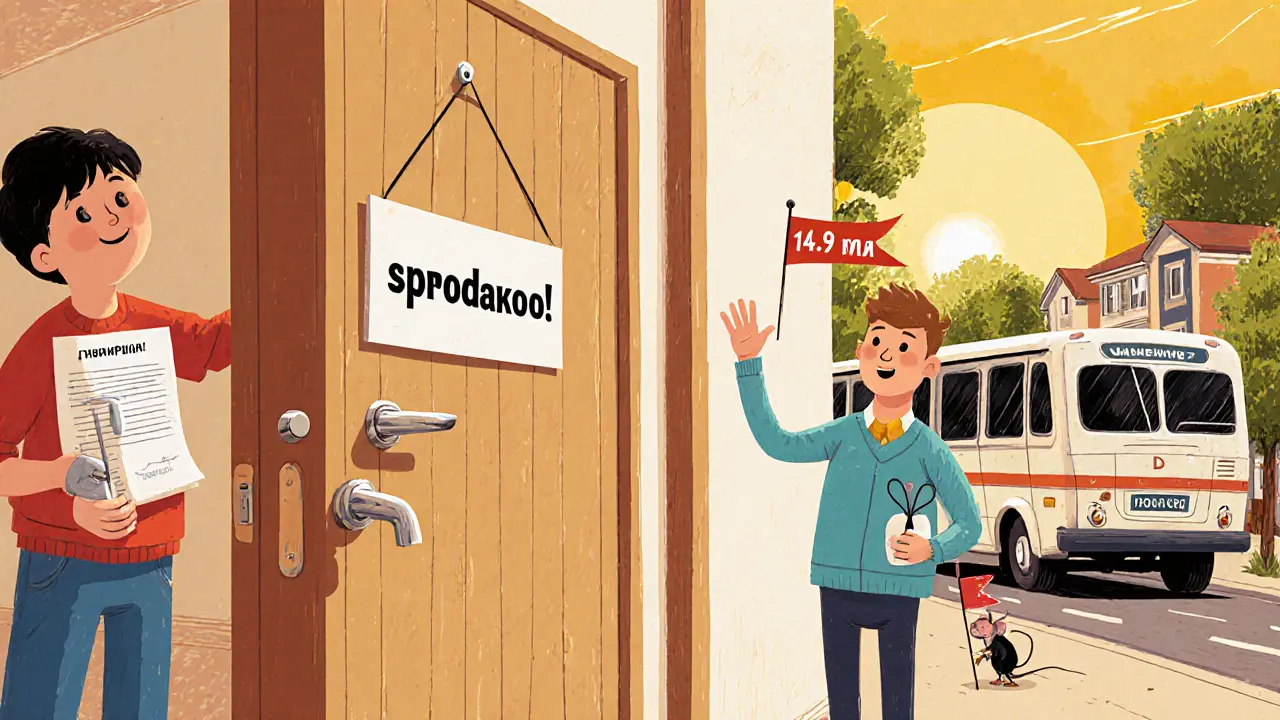 Продавец закрывает дверь с табличкой &#039;Продано!&#039;, покупатель улыбается, держа подписанный договор.