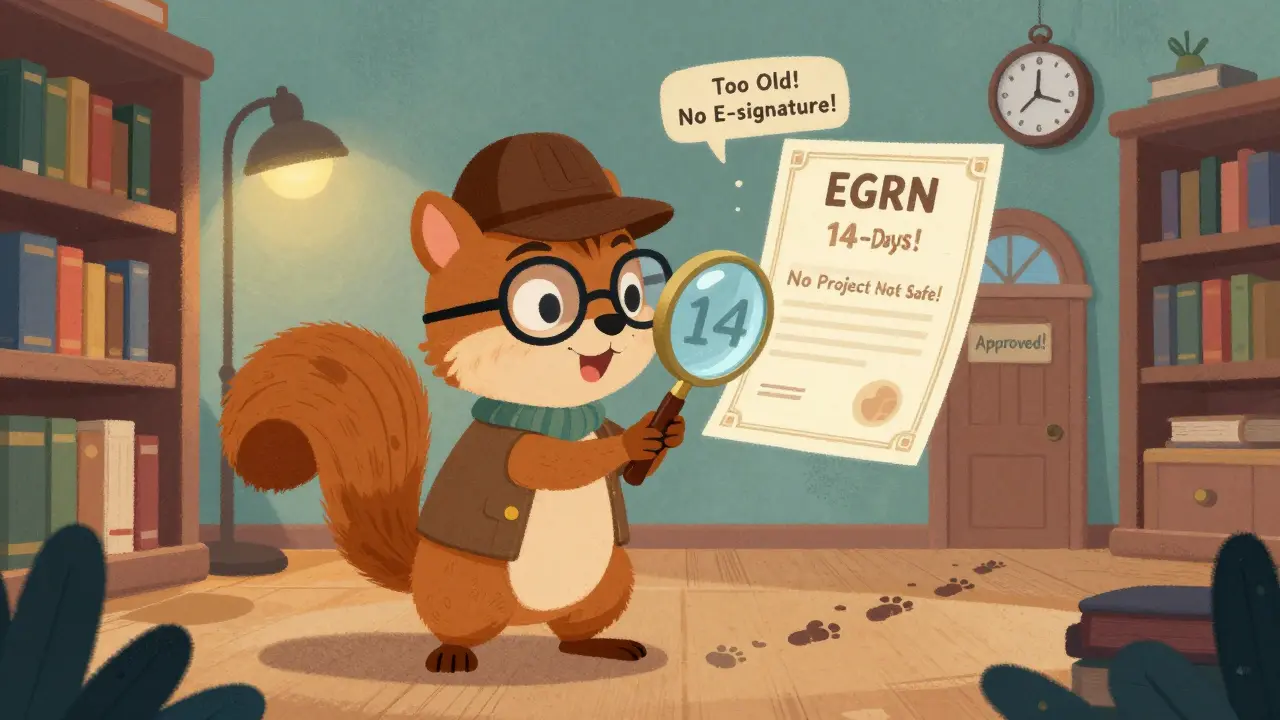 Белка-детектив рассматривает выписку ЕГРН, рядом часы и предупреждения о сроках и ошибках.