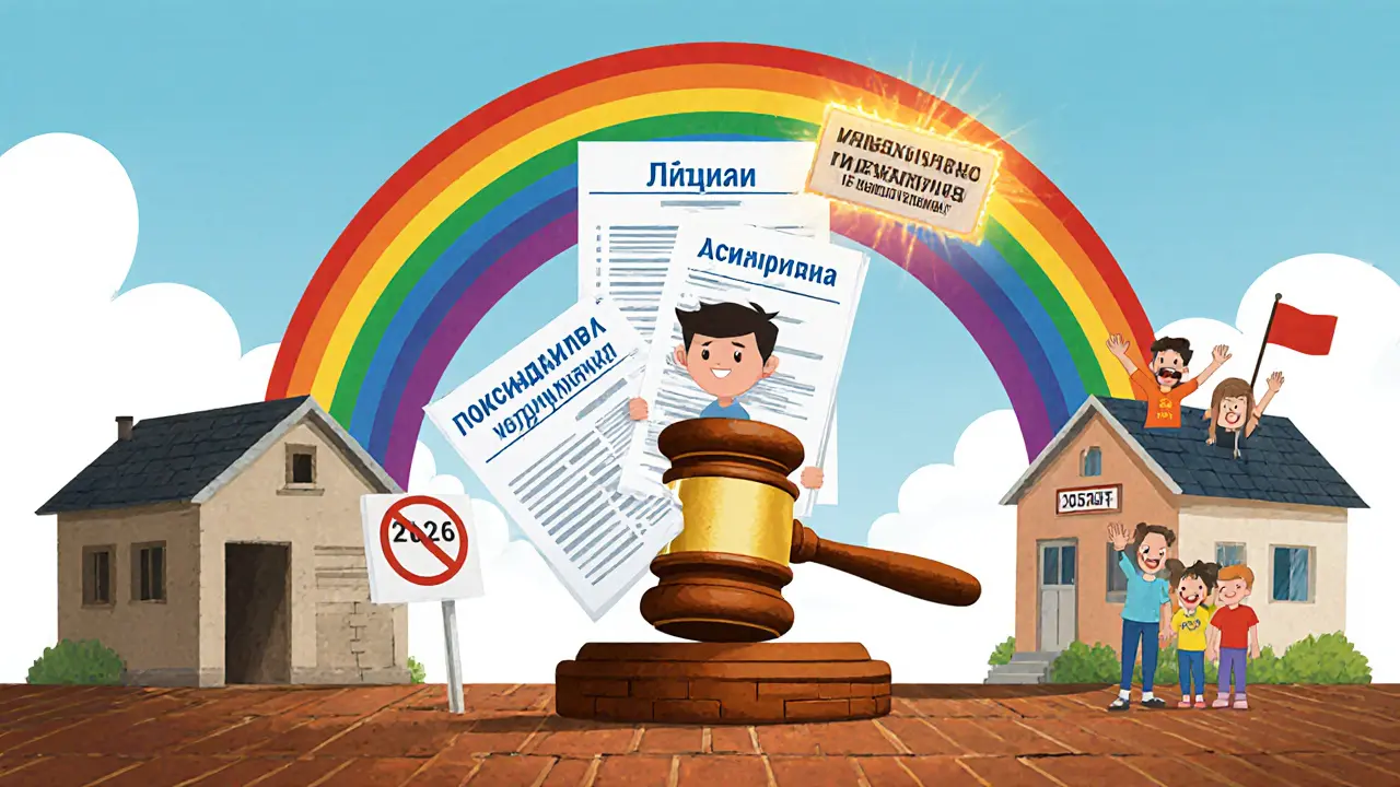 Человек в суде подаёт документы, чтобы узаконить дом, рядом — радуга и штамп собственности.