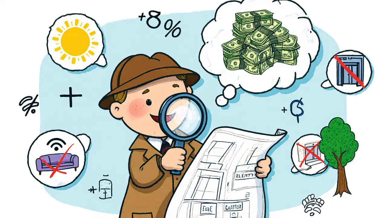 Детектив с лупой изучает план дома, вокруг — солнце, дерево, вай-фай и сломанный лифт, а в мыслях — убранные дорогие вещи, которые не влияют на цену.