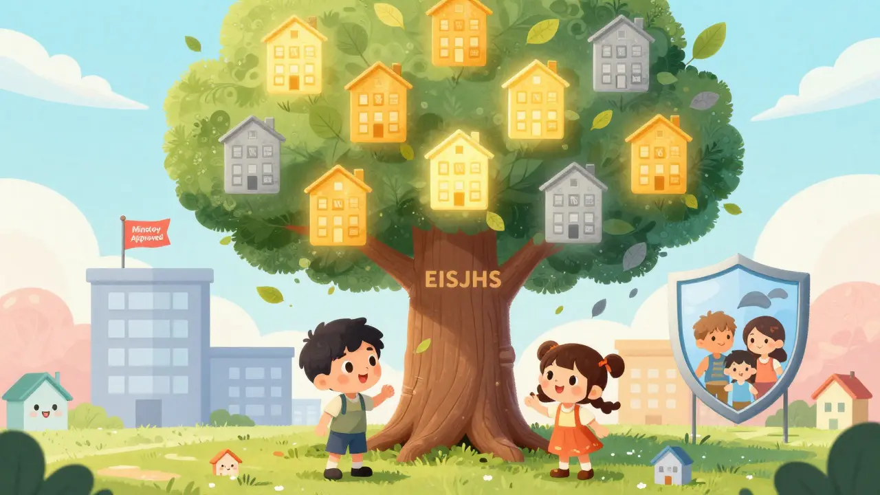 Дети смотрят на дерево с квартирами: 60% золотые, 40% падают, рядом — дом с флагом Минстроя.