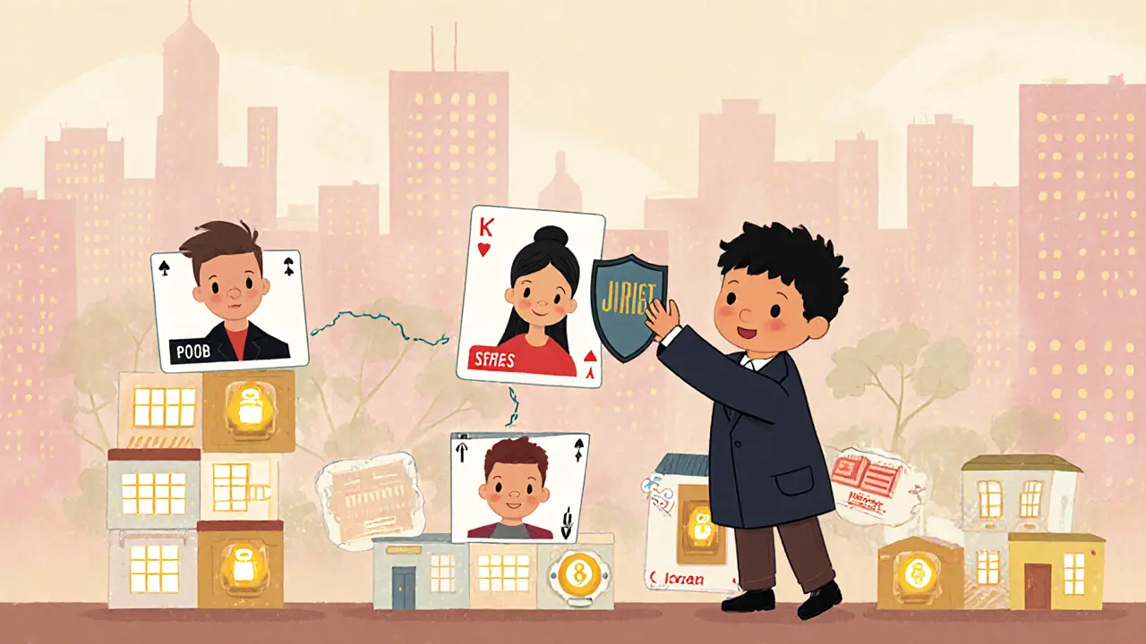 Дом из карточек с лицами людей, ребёнок-юрист держит его, защищая от падения.