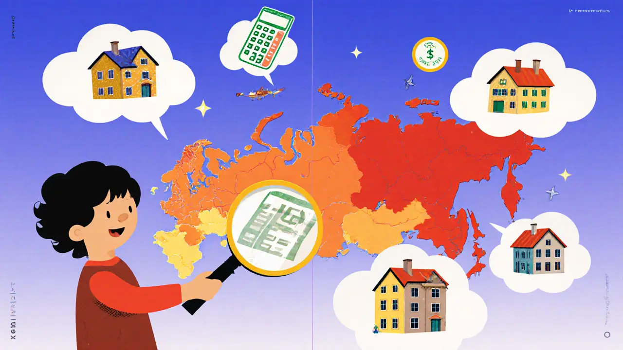 Карта России с разными регионами, светящимися разными цветами в зависимости от коэффициента налога.