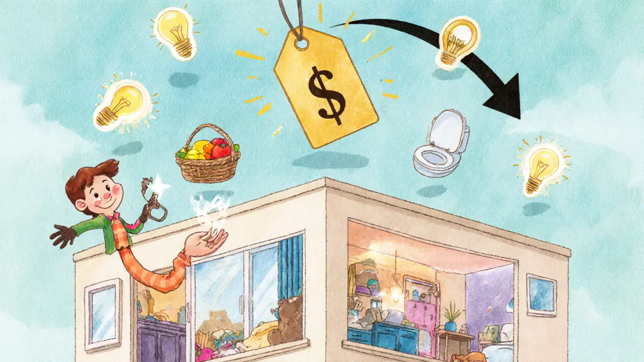 Продавец превращает беспорядок в чистую квартиру с волшебным ключом и растущей ценой.