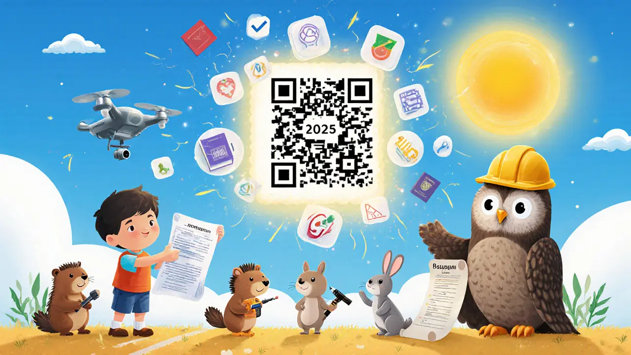 Ребёнок держит QR-код, который превращается в цифровую модель дома, вокруг — животные с инструментами и документами.