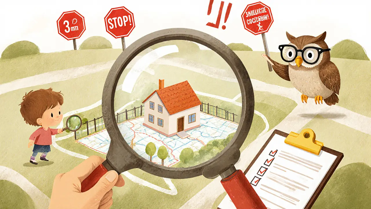 Ребёнок с лупой изучает план участка с предупреждениями о границах.