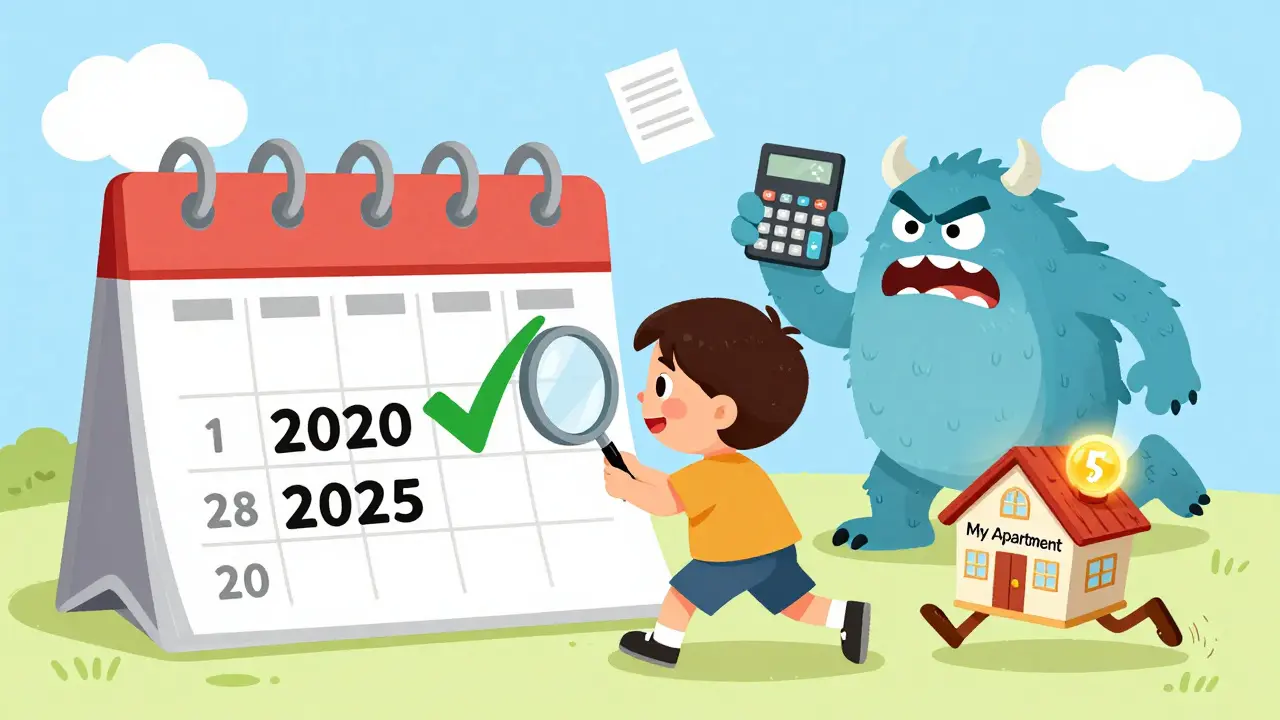 Ребёнок с лупой смотрит на календарь, а домик убегает от налогового монстра с таймером.