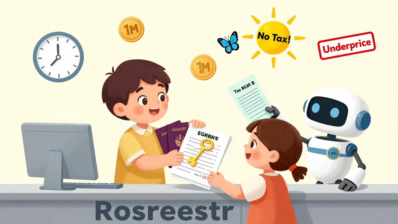 Семья подаёт документы в Росреестр, а чек превращается в бабочку с надписью &#039;Нет налога&#039;.