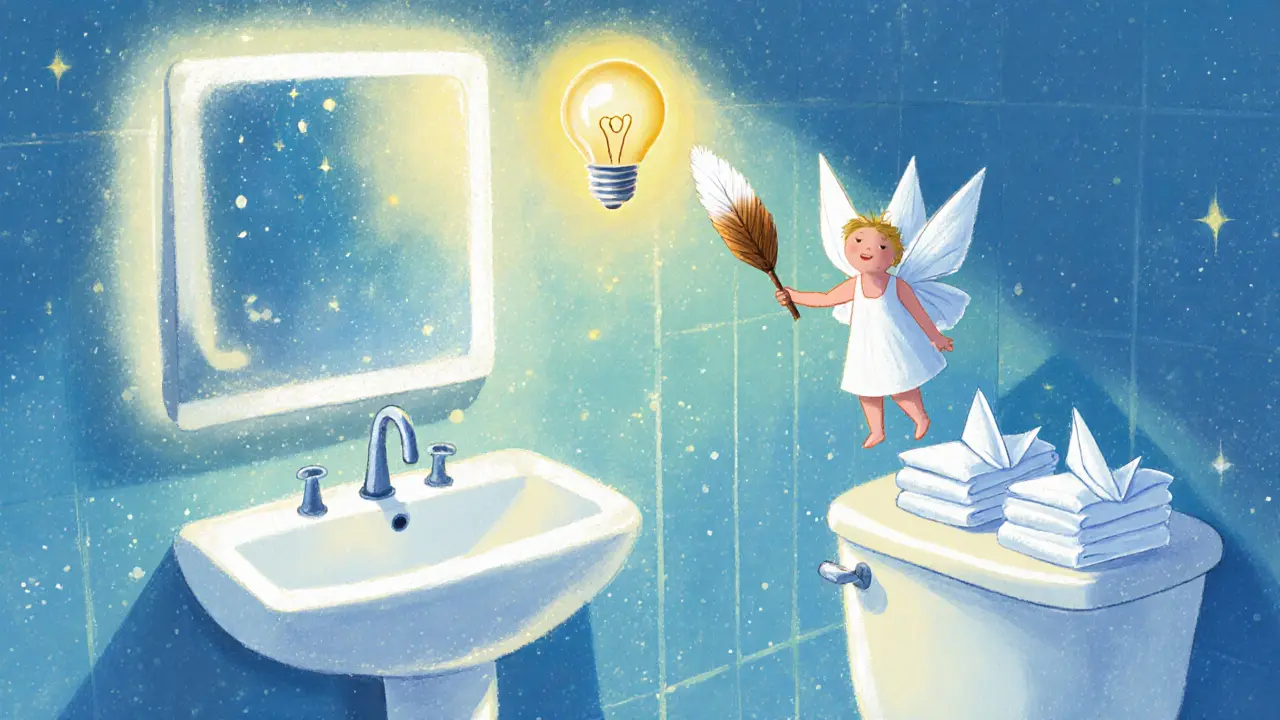 Сияющая ванная комната с белыми полотенцами и тёплым светом, фея убирает пыль.