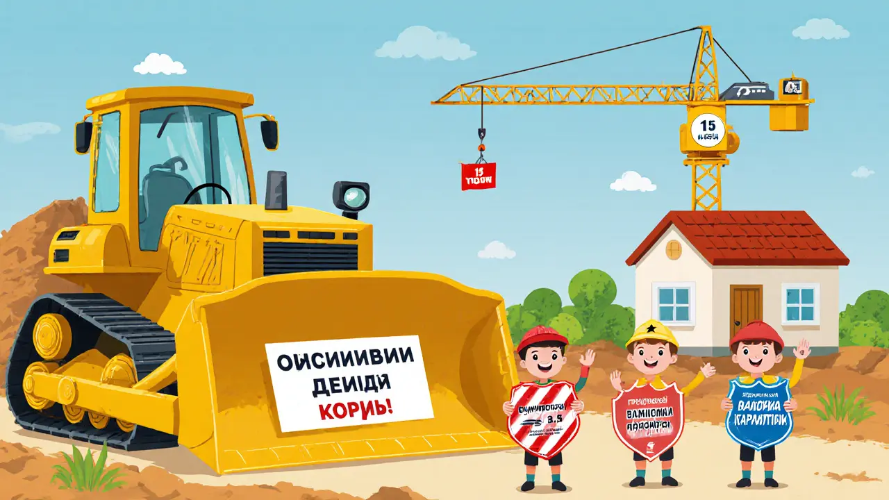 Строительные инспекторы останавливают грозный экскаватор с судебными делами, рядом — улыбающийся кран с гарантией.