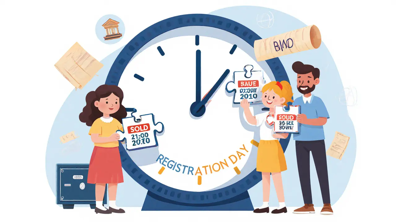 Три семьи собирают пазл на большом календаре, отмечающем день регистрации сделки.