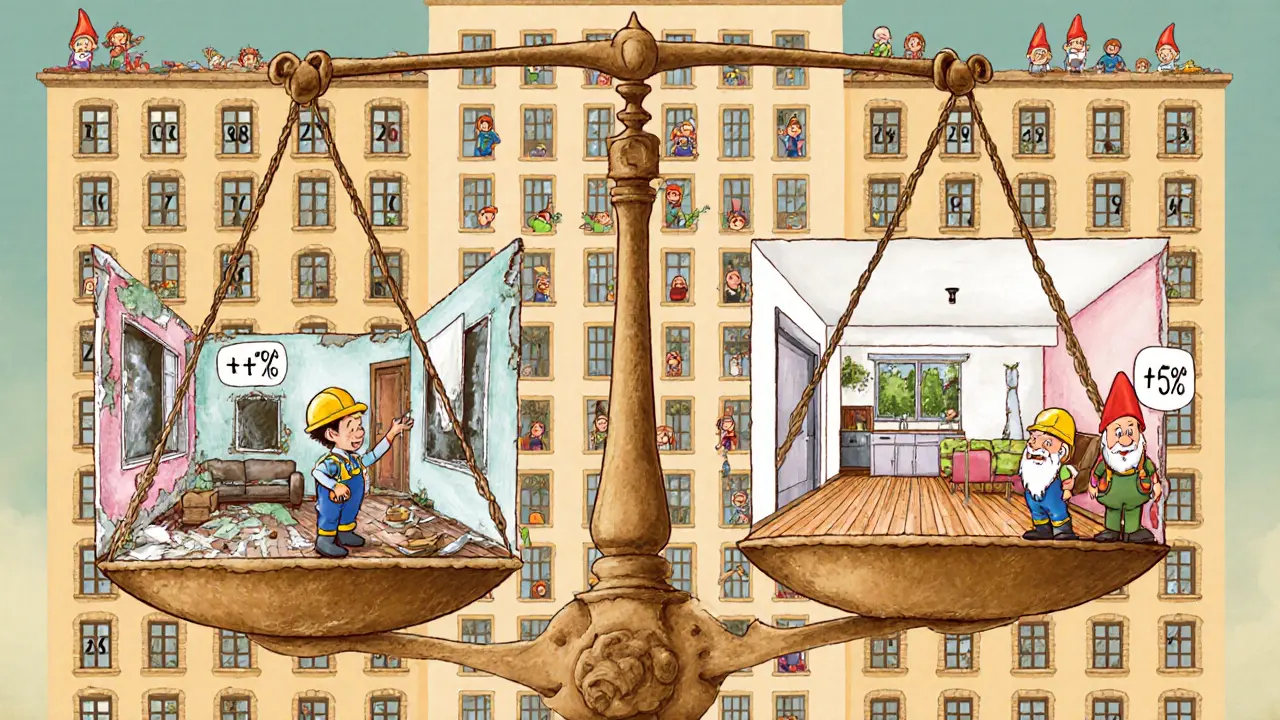 Весы с грязной и чистой квартирами: на одной стороне — грязь и трещины, на другой — светлый ремонт и высокие потолки, с маленькими рабочими, добавляющими и убирающими цены.