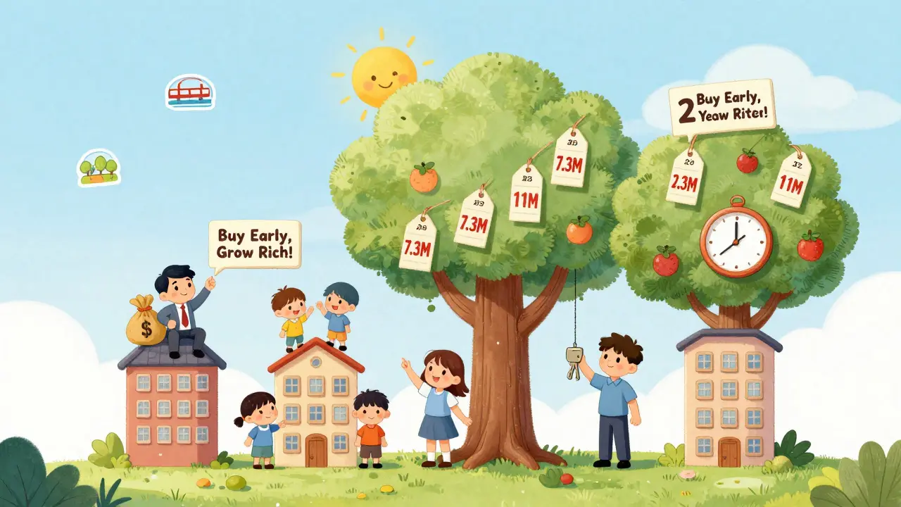 Дерево из домов растёт, на ветвях — разные покупатели, плоды — растущие цены, солнце светит сверху.