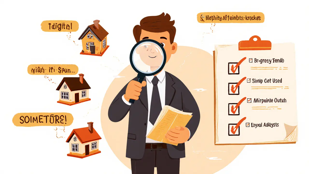 Эксперт осматривает дом с лупой, вокруг — пять аналогичных объектов и проверочный список требований.