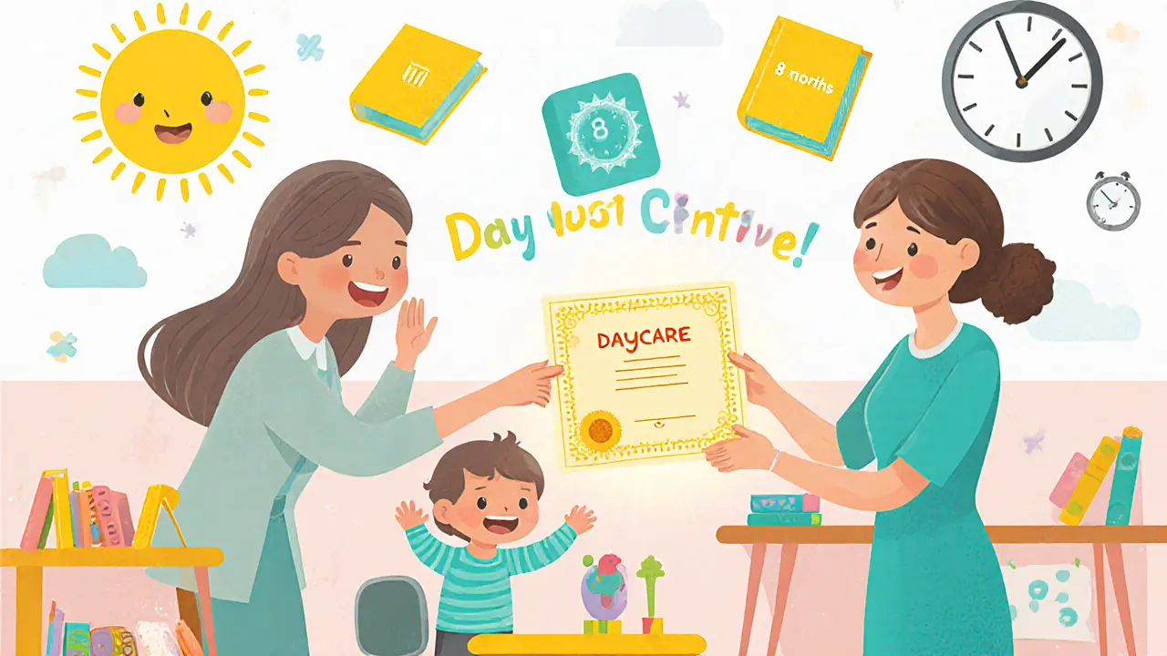 Мама перед детским садом передает сертификат воспитателю, ребенок радостно машет.