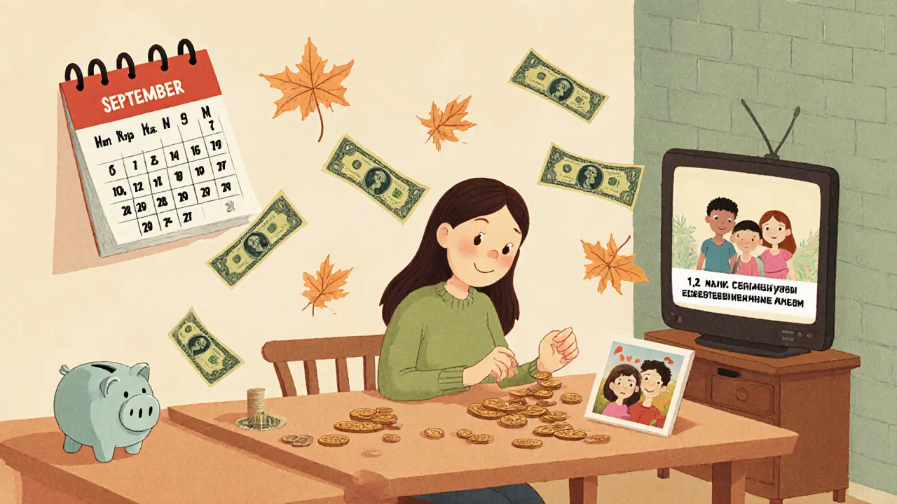 Месячные выплаты из маткапитала падают как листья на кухонный стол, где мать считает деньги рядом с фото детей.