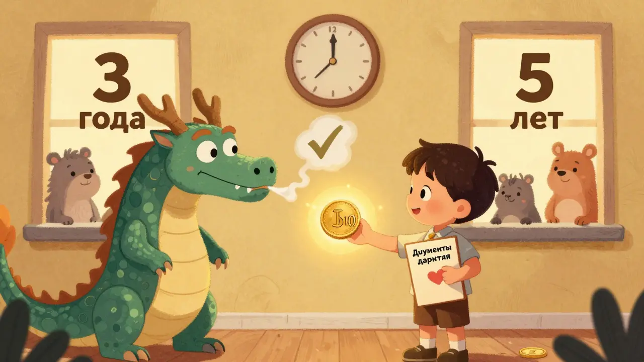 Ребёнок даёт миллион рублей дракону, который выпускает дым в виде галочки, на стенах — часы с 3 и 5 годами.