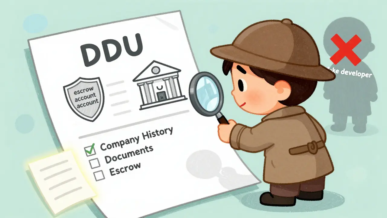 Ребёнок-детектив проверяет договор на эскроу-счёт, рядом — проверки: история, документы, банк.