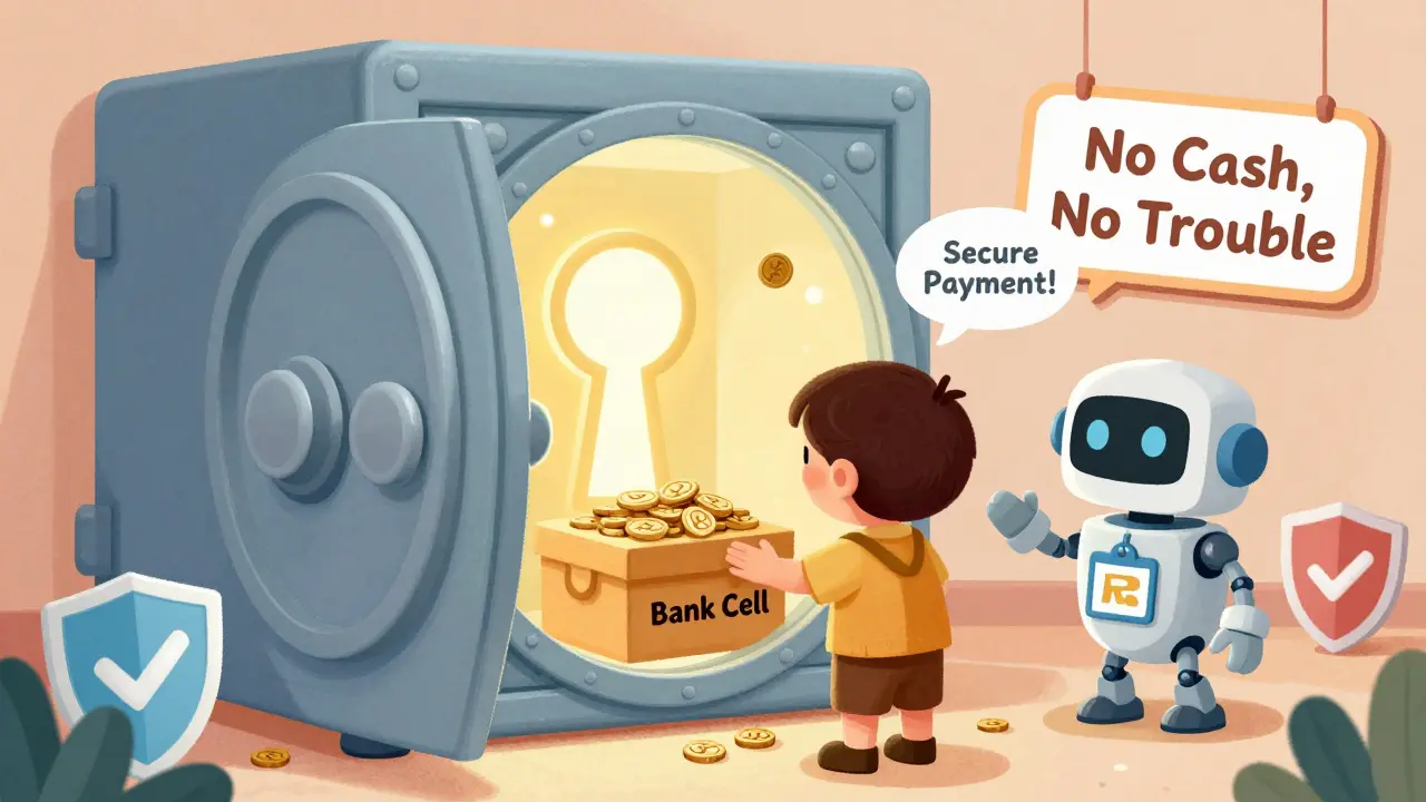 Ребёнок кладёт деньги в безопасную банковскую ячейку, а робот подтверждает безопасность сделки.