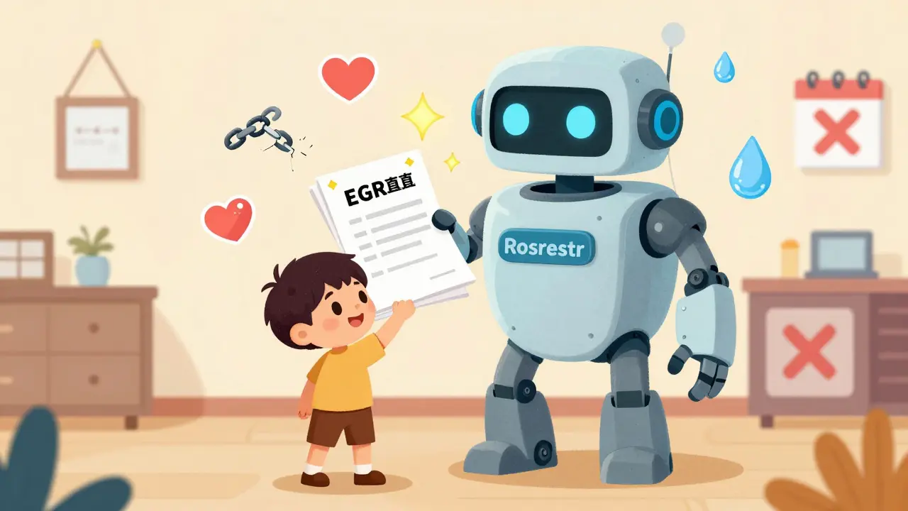 Ребёнок получает от дружелюбного робота Росреестра важную выписку с символами долгов и прав.