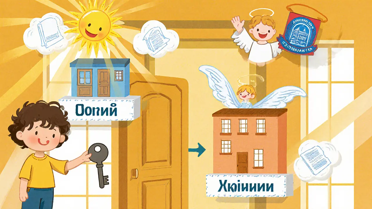 Ребёнок с ключом стоит у двери с надписью &#039;Минимум 6 кв. м.&#039;, рядом — весы с двумя квартирами.