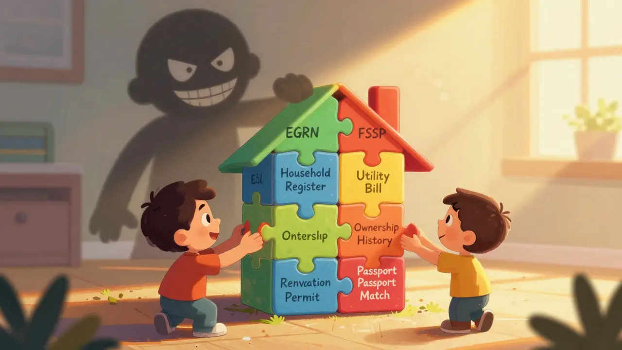 Ребёнок собирает семь цветных кусочков пазла, чтобы сложить безопасный дом.